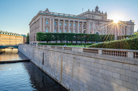STOCKHOLM, SWEDEN - JULY 25, 2014: Facade of The Parliament House in Stockholm, seat of the Riksdag (parliament and the supreme decision making body of the Kingdom of Sweden), since 1905のeditorial素材