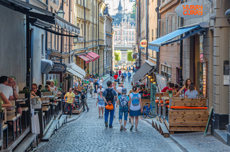STOCKHOLM, SWEDEN - JULY 25, 2014: View of colorful houses in Gamla stan, the old town of Stockholm, Swedenのeditorial素材