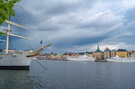 STOCKHOLM, SWEDEN - JULY 27, 2014: View of Stockholm, Sweden, with storm clouds. In the foreground...