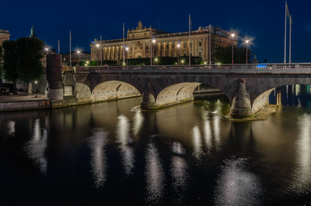 STOCKHOLM, SWEDEN - JULY 26, 2014: Night view of The Parliament House in Stockholm, seat of the Riksdag (parliament and the supreme decision making body of the Kingdom of Sweden), since 1905のeditorial素材
