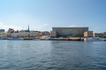 STOCKHOLM, SWEDEN - JULY 26, 2014: View of the Stockholm Palace (Royal Palace) on the waterfront, built between 1697-1760 in Baroque styleのeditorial素材