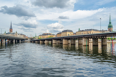 Urban scene in Stockholm, Sweden, view of buildings at the waterfrontの写真素材