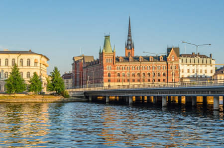 Urban scene in Stockholm, Sweden, view of buildings at the waterfrontの写真素材