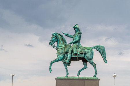 Equestrian statue of King Charles XIV John in Stockholm, Sweden. Inaugurated in 1854, designed by Bengt Erland Fogelbergの写真素材