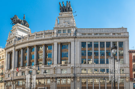 MADRID, SPAIN - NOVEMBER 10, 2022: The Banco de Bilbao building (a banking institution currently part of BBVA) on Calle de Alcala in Madrid, Spain, designed in 1919 by architect Ricardo Bastida y Bilbao and built between 1920 and 1923. The main facade is のeditorial素材