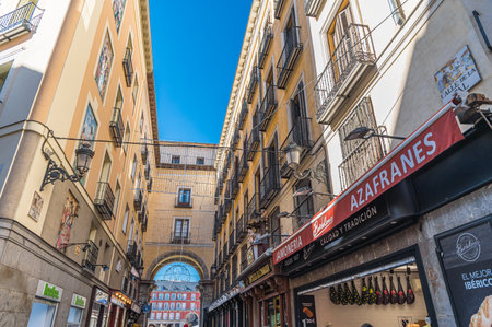 MADRID, SPAIN - NOVEMBER 10, 2022: Urban scene, view of streets and buildings around Plaza Mayor, in the old town of Madrid, Spainのeditorial素材