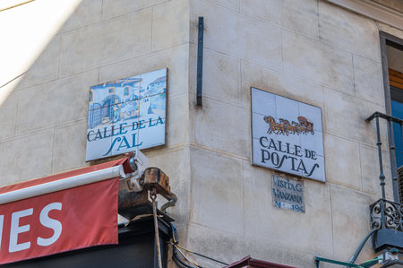 MADRID, SPAIN - NOVEMBER 10, 2022: Beautiful tiled street signs in Madrid, designed in the 90's by ceramic artist Alfredo Ruiz de Lunaのeditorial素材