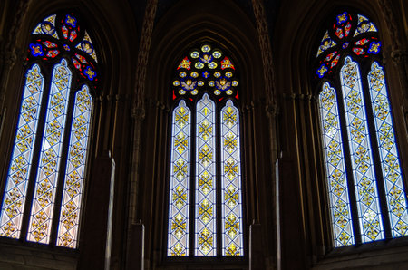 UPPSALA, SWEDEN - JULY 26, 2014: Detail of stained glass inside Uppsala Cathedral, a Gothic Lutheran church in the city of Uppsala, Sweden, inaugaurated in 1435のeditorial素材