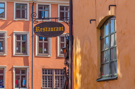 UPPSALA, SWEDEN - JULY 26, 2014: Facade of a restaurant in the old town of Uppsala, Swedenのeditorial素材