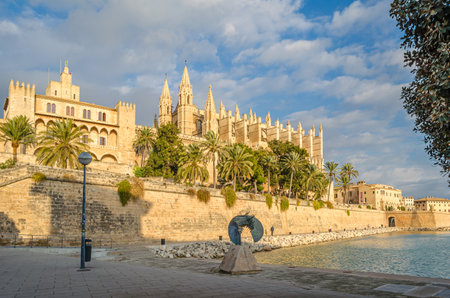 PALMA, SPAIN - JANUARY 11, 2015: View of the Cathedral of Santa Maria of Palma (known as La Seu), a Gothic Catholic cathedral built on the shore of the Bay of Palma, Mallorca, Balearic Islands, Spainのeditorial素材