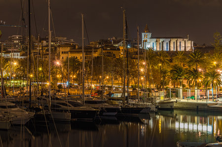 PALMA, SPAIN - JANUARY 11, 2015: Night view of the marina of Palma, Mallorca, Balearic Islands, Spainのeditorial素材