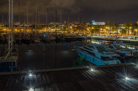 PALMA, SPAIN - JANUARY 11, 2015: Night view of the marina of Palma, Mallorca, Balearic Islands, Spainのeditorial素材