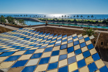PALMA, SPAIN - JANUARY 11, 2015: Colorful roof of the Ses Voltes open-air theater in Palma, Mallorca, Balearic Islands, Spain. In the late 1980s, architect Elies Torres was commissioned to build it within the Renaissance rampartsのeditorial素材