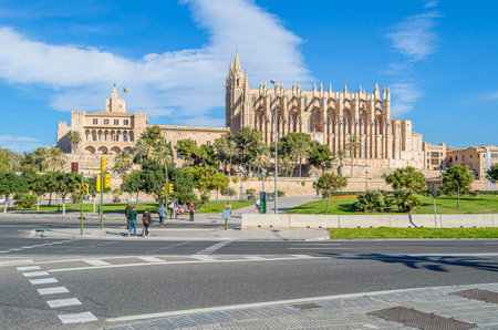 PALMA, SPAIN - JANUARY 11, 2015: View of the Cathedral of Santa Maria of Palma (known as La Seu), a Gothic Catholic cathedral built on the shore of the Bay of Palma, Mallorca, Balearic Islands, Spainのeditorial素材