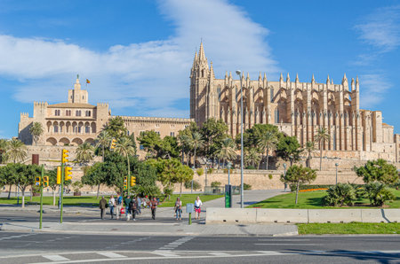 PALMA, SPAIN - JANUARY 11, 2015: View of the Cathedral of Santa Maria of Palma (known as La Seu), a Gothic Catholic cathedral built on the shore of the Bay of Palma, Mallorca, Balearic Islands, Spainのeditorial素材