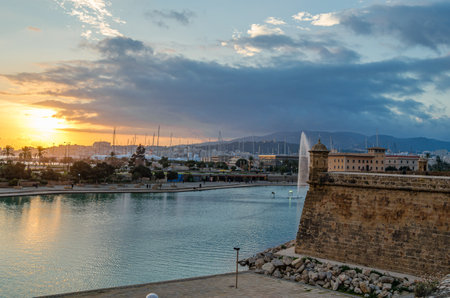 PALMA, SPAIN - JANUARY 11, 2015: View at sunset of the port of Palma, Mallorca, Balearic Islands, Spainのeditorial素材