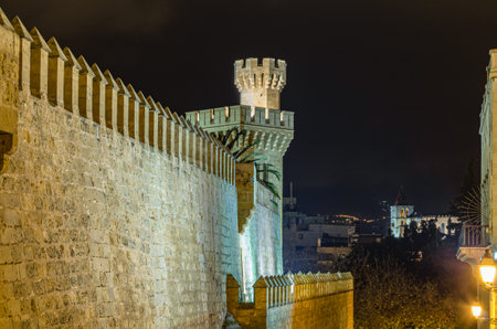 PALMA, SPAIN - JANUARY 11, 2015: Night view of the Council Palace, headquarters of the Island Council of Mallorca in Palma, Spain. It is a 19th-century neo-Gothic building designed by architect Joaquin Paviaのeditorial素材