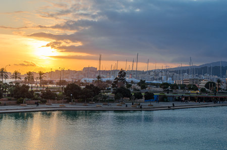PALMA, SPAIN - JANUARY 11, 2015: View at sunset of the port of Palma, Mallorca, Balearic Islands, Spainのeditorial素材