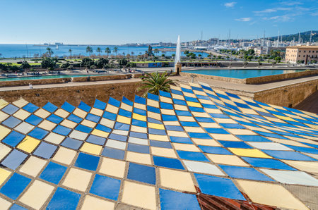 PALMA, SPAIN - JANUARY 11, 2015: Colorful roof of the Ses Voltes open-air theater in Palma, Mallorca, Balearic Islands, Spain. In the late 1980s, architect Elies Torres was commissioned to build it within the Renaissance rampartsのeditorial素材