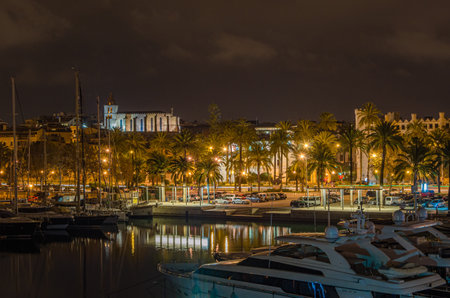 PALMA, SPAIN - JANUARY 11, 2015: Night view of the marina of Palma, Mallorca, Balearic Islands, Spainのeditorial素材