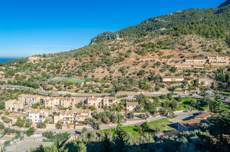 View from the village of Deia, Mallorca, Balearic Islands, Spain, with the Mediterranean Sea in the...