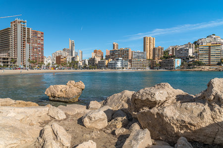 FINESTRAT, SPAIN - JANUARY 19, 2023: View of buildings on the beach of Cala de Finestrat, Alicante province, Valencian Community, Spainのeditorial素材