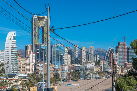 Aerial view of modern buildings in front of Poniente Beach in Benidorm, Alicante province, Valencian Community, Spainの写真素材