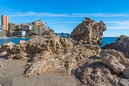 View of the beach of Cala de Finestrat, Alicante province, Valencian Community, Spainの写真素材