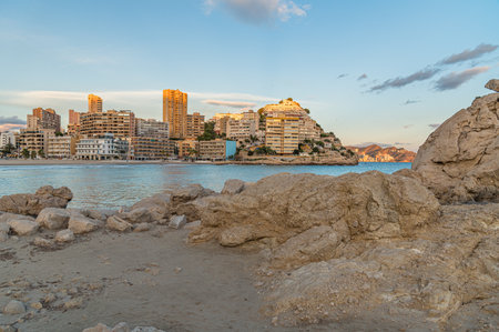 View of the beach of Cala de Finestrat at sunset, Alicante province, Valencian Community, Spainの写真素材