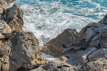 View of the Mediterranean Sea from the beach of Cala de Finestrat, Alicante province, Valencian Community, Spainの写真素材