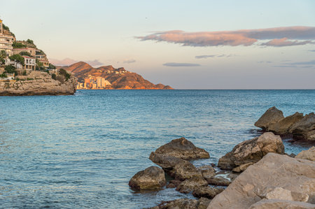 View of the beach of Cala de Finestrat, Alicante province, Valencian Community, Spainの写真素材