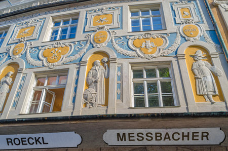 MUNCHEN, GERMANY - JULY 3, 2015: Facade detail of the Ruffinihaus (Ruffini House) in the old town of Munich, Germany, built by Gabriel von Seidl in 1903, named after the Ruffini tower, demolished in 1808のeditorial素材