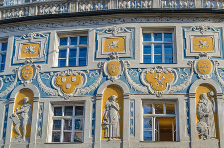 MUNCHEN, GERMANY - JULY 3, 2015: Facade detail of the Ruffinihaus (Ruffini House) in the old town of Munich, Germany, built by Gabriel von Seidl in 1903, named after the Ruffini tower, demolished in 1808のeditorial素材