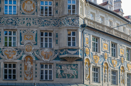 MUNCHEN, GERMANY - JULY 3, 2015: Facade detail of the Ruffinihaus (Ruffini House) in the old town of Munich, Germany, built by Gabriel von Seidl in 1903, named after the Ruffini tower, demolished in 1808のeditorial素材