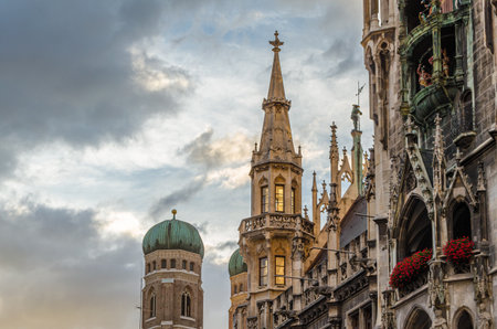 View of the New Town Hall, the town hall building located on Marienplatz in Munich, Bavaria, Germany, designed by Georg von Hauberrisser in the neo-Gothic style, built between 1867 and 1908の写真素材