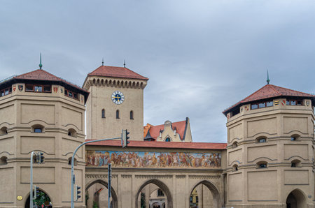 The Isartor, a Gothic city gate in the historic old town area of Munich, Germany