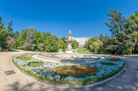 MADRID, SPAIN - AUGUST 23, 2015: View of the Campo del Moro Gardens, with the Royal Palace in the background, in Madrid, Spain; fisheye perspectiveのeditorial素材