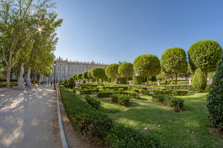 MADRID, SPAIN - AUGUST 23, 2015: View of the Plaza de Oriente in Madrid, Spain, with the Royal Palace building; fisheye perspectiveのeditorial素材