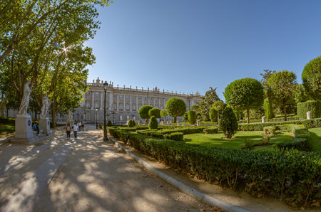 MADRID, SPAIN - AUGUST 23, 2015: View of the Plaza de Oriente in Madrid, Spain, with the Royal Palace building; fisheye perspectiveのeditorial素材