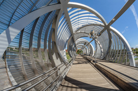 MADRID, SPAIN - AUGUST 23, 2015: The monumental Arganzuela Bridge in Madrid, Spain, spans the Manzanares River and Madrid RÃ­o Park, designed by architect Dominique Perrault inaugurated in 2011のeditorial素材
