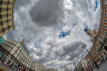 MADRID, SPAIN - AUGUST 15, 2015: View of the iconic Puerta del Sol, the central square of Madrid, Spain; fish eye perspectiveのeditorial素材
