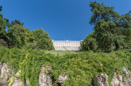 MADRID, SPAIN - AUGUST 23, 2015: View of the Campo del Moro Gardens, with the Royal Palace in the background, in Madrid, Spain; fisheye perspectiveのeditorial素材