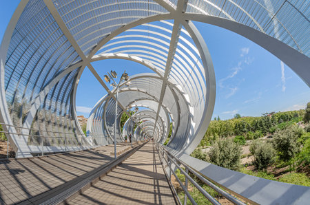 MADRID, SPAIN - AUGUST 23, 2015: The monumental Arganzuela Bridge in Madrid, Spain, spans the Manzanares River and Madrid RÃ­o Park, designed by architect Dominique Perrault inaugurated in 2011のeditorial素材