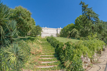 MADRID, SPAIN - AUGUST 23, 2015: View of the Campo del Moro Gardens, with the Royal Palace in the background, in Madrid, Spain; fisheye perspectiveのeditorial素材