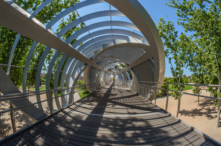 MADRID, SPAIN - AUGUST 23, 2015: The monumental Arganzuela Bridge in Madrid, Spain, spans the Manzanares River and Madrid RÃ­o Park, designed by architect Dominique Perrault inaugurated in 2011のeditorial素材