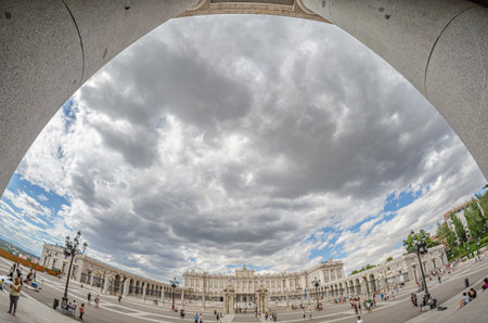 MADRID, SPAIN - AUGUST 15, 2015: Royal Palace of Madrid, Spain, with people in the inner courtyard, visiting the buildingのeditorial素材