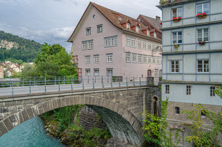 Architecture on the banks of the Ill River, in the old town of Feldkirch, Vorarlberg, western Austriaのeditorial素材