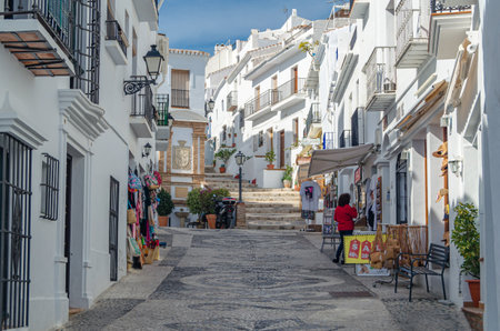 FRIGILIANA, SPAIN - JANUARY 28, 2020: Streets in Frigiliana, typical Andalusian village with white houses, Malaga province, southern Spainのeditorial素材