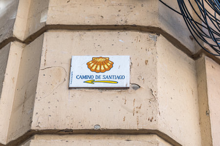 ALICANTE, SPAIN - JANUARY 18, 2023: Symbol of the Camino de Santiago in Alicante, Spain, with the inscription of A.A.C.S Alicante (The Association of Friends of the Camino de Santiago in Alicante)のeditorial素材