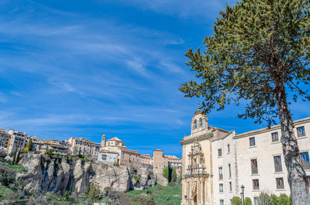 CUENCA, SPAIN - MARCH 28, 2015: Panoramic view of the Huecar Gorge with the town of Cuenca, Spain. In the foreground, the former Convent of San Pablo, since 1993 it houses a state-owned Parador hotelのeditorial素材